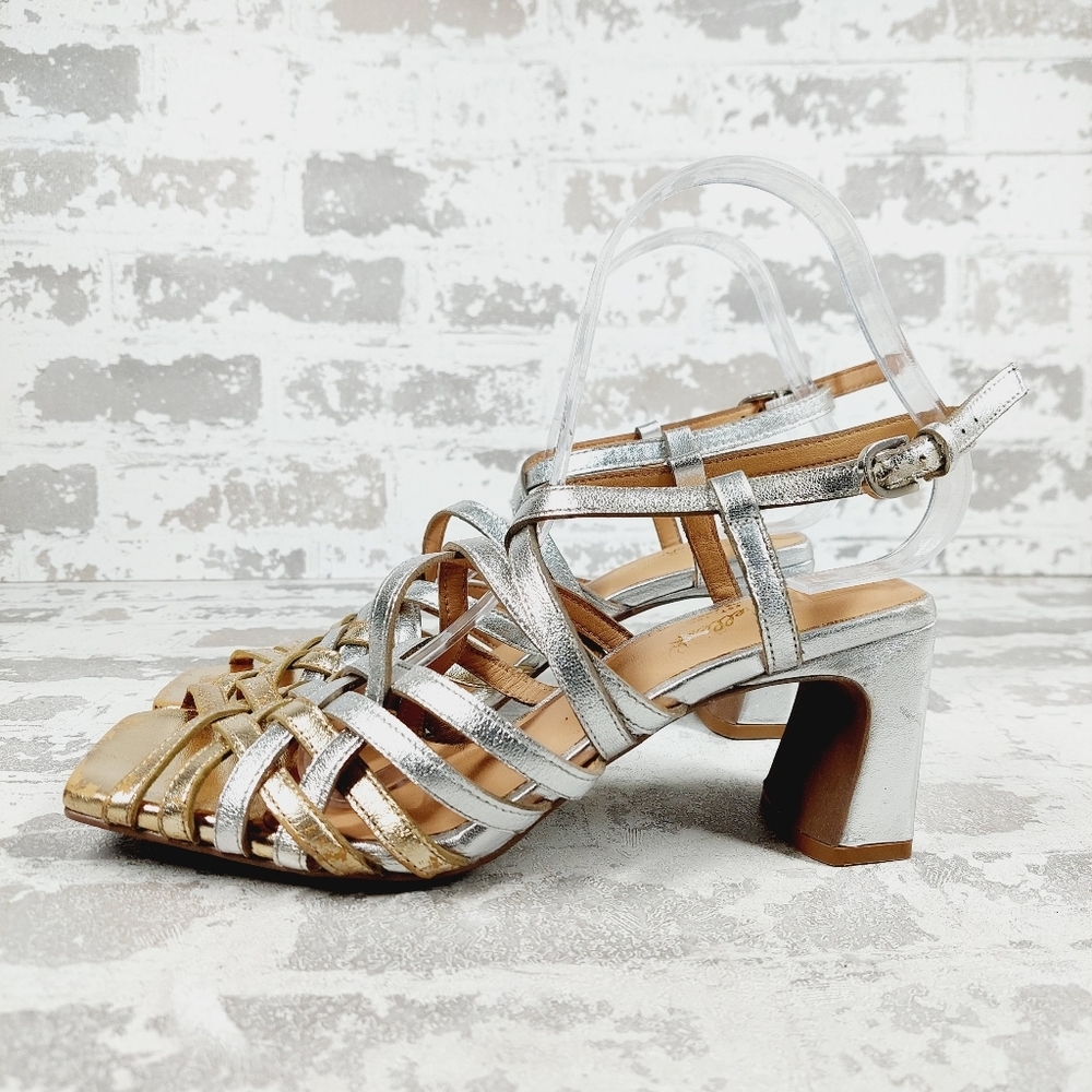 New Seychelles Charter Silver Gold Slip On Buckle Strap Block Heel Sandals B127